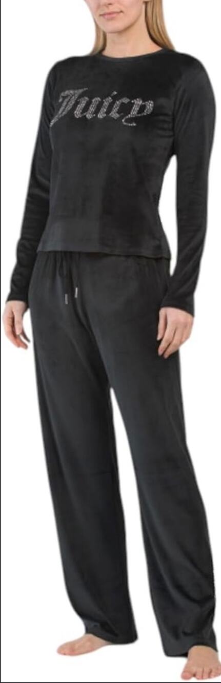 Juicy Couture black velour tracksuit rhinestone-embellished logo lounge set S